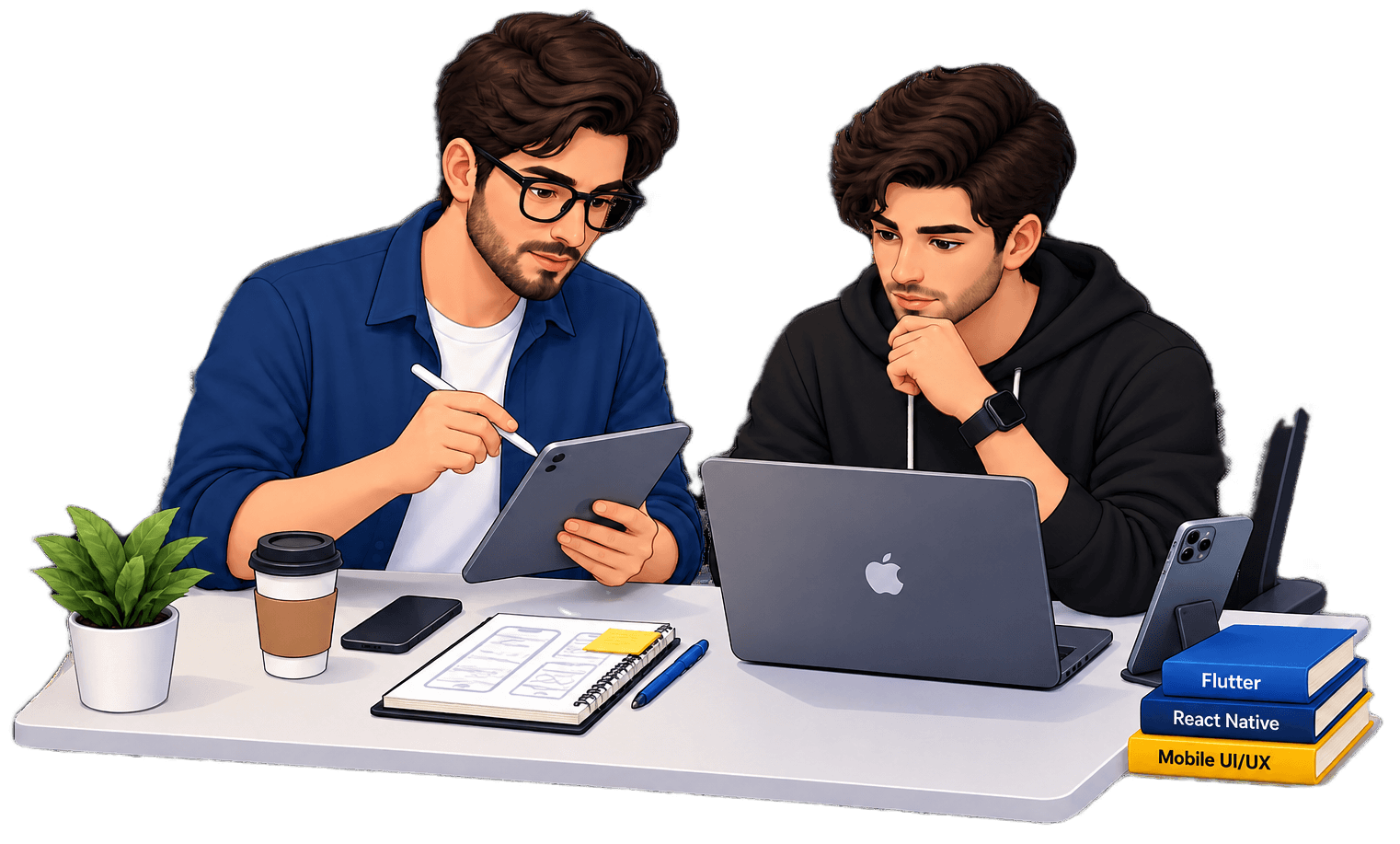 Two mobile developers reviewing app designs on a tablet and laptop