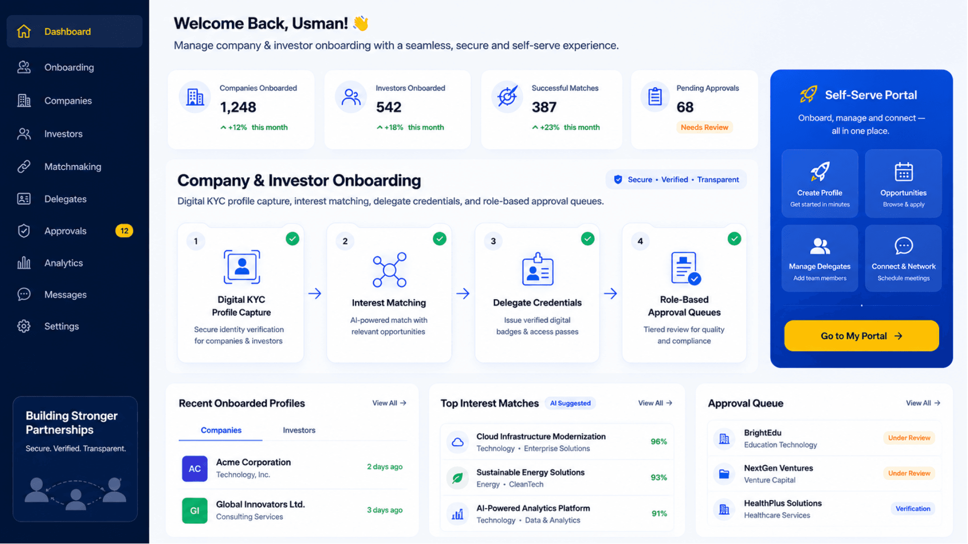 Event management platform dashboard showing onboarding, matchmaking and approval queues