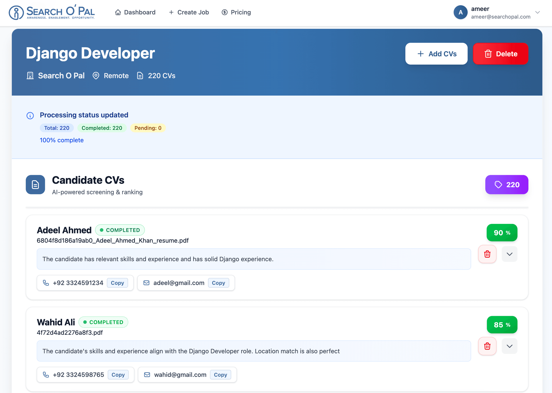 CV Shortlister ranked candidates