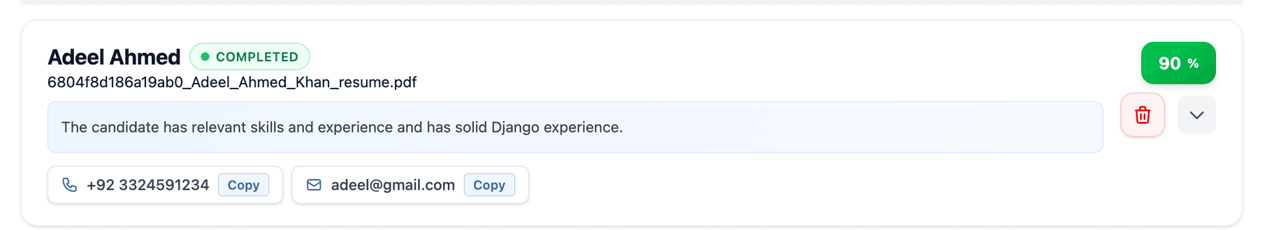 Scored candidate with reasoning and contact details