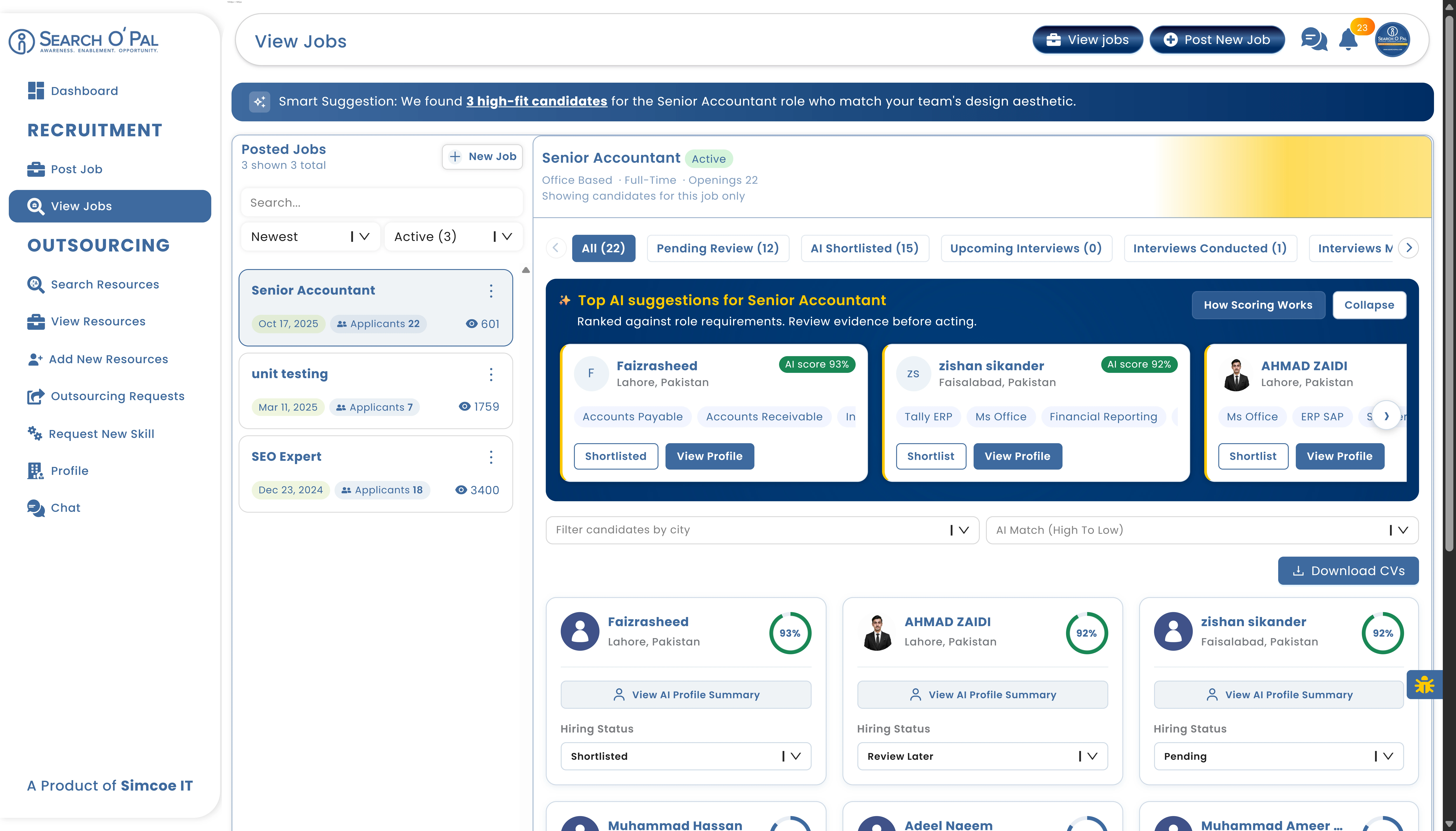 Job listings with candidate AI scores and hiring status
