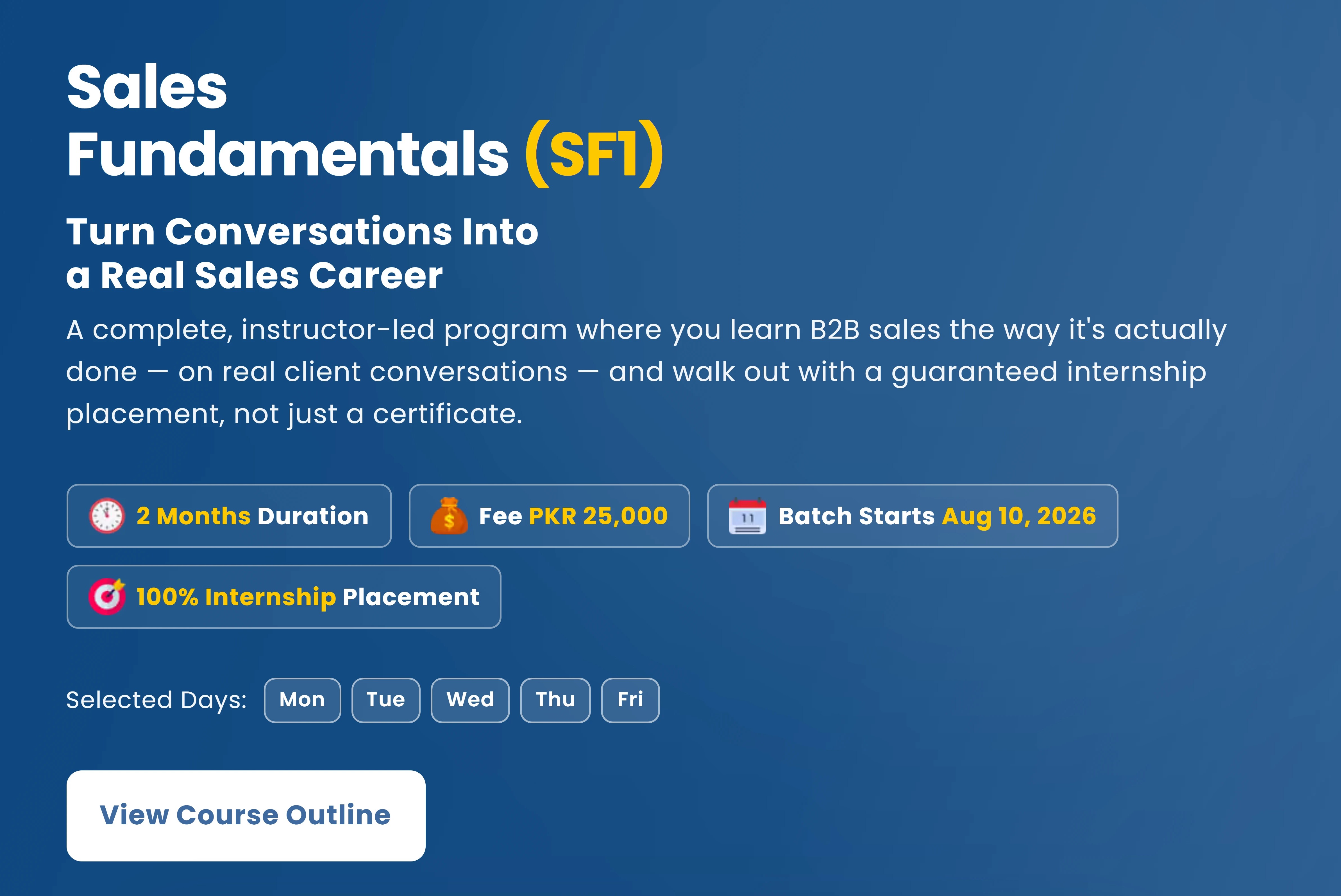 Course listing with duration, fee, batch start and schedule