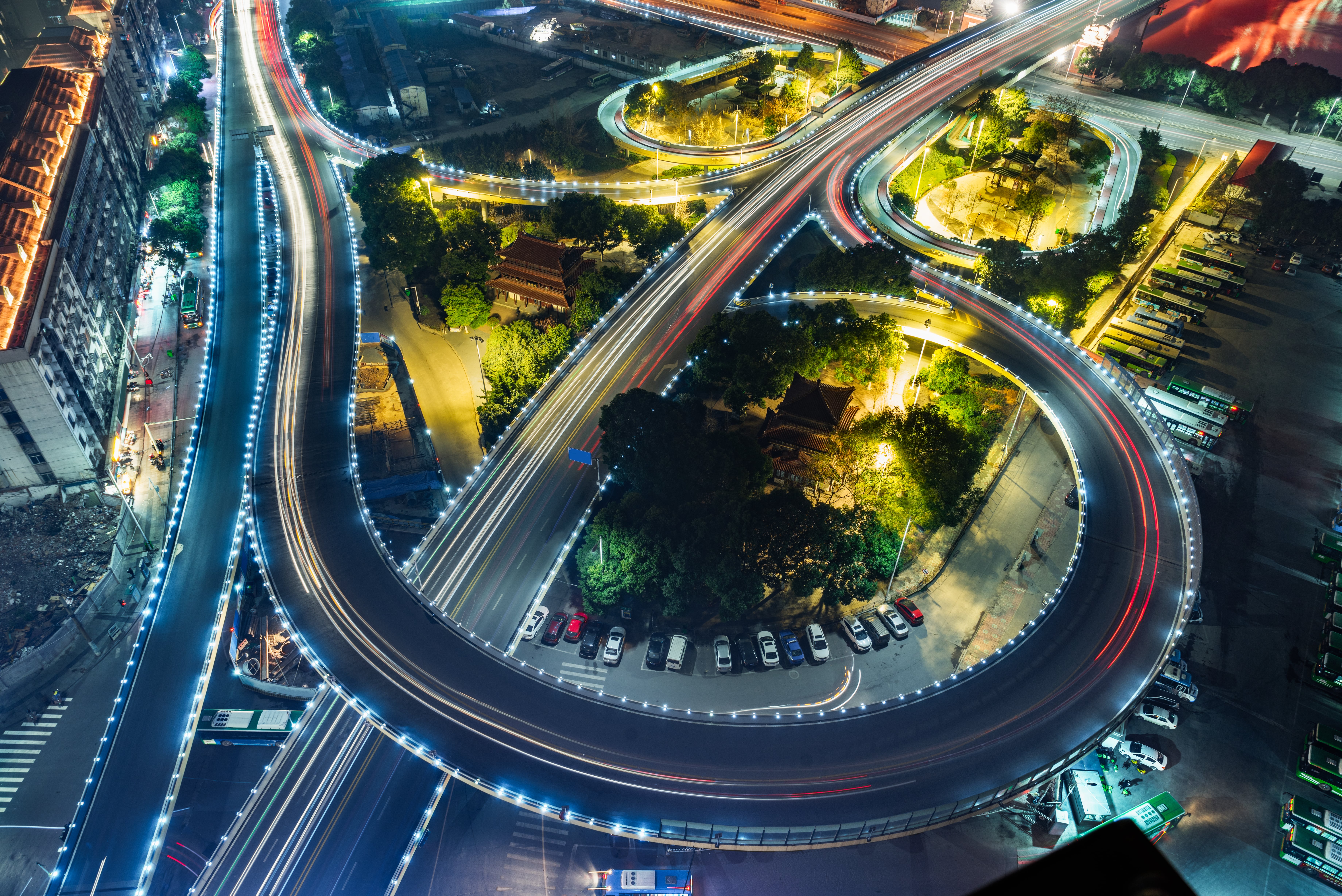 Aerial view of city traffic at night